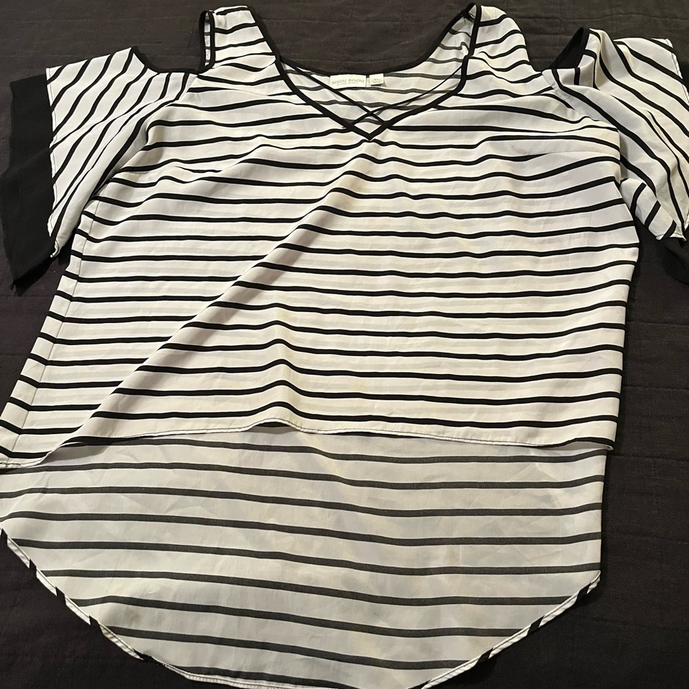 Bisou Bisou Top Shirt Blouse XLarge Black And White Stripes